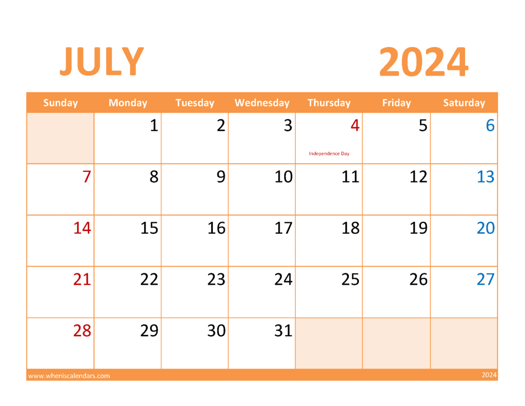 July Calendar with Holidays 2024 J74088
