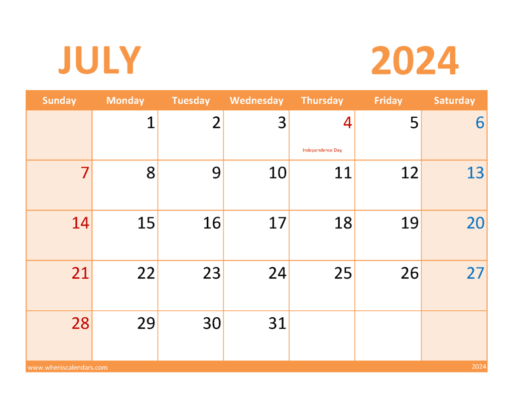 2024 Blank July Calendar to print J74369
