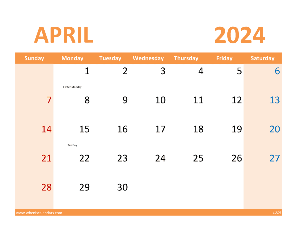 April 2024 Blank Printable Calendar Monthly Calendar