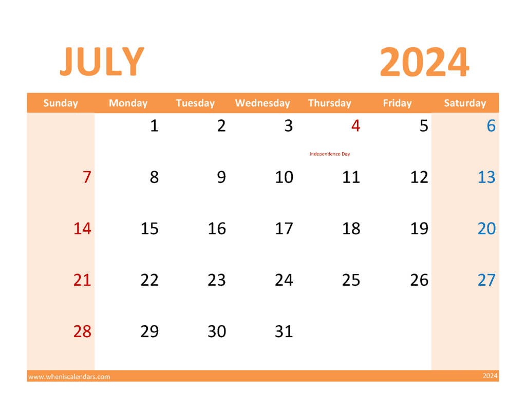 July 2024 Calendar Printable Free pdf J74090
