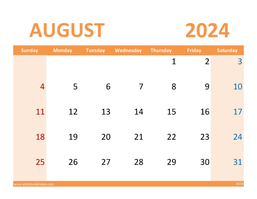 August Editable Calendar 2024 Monthly Calendar