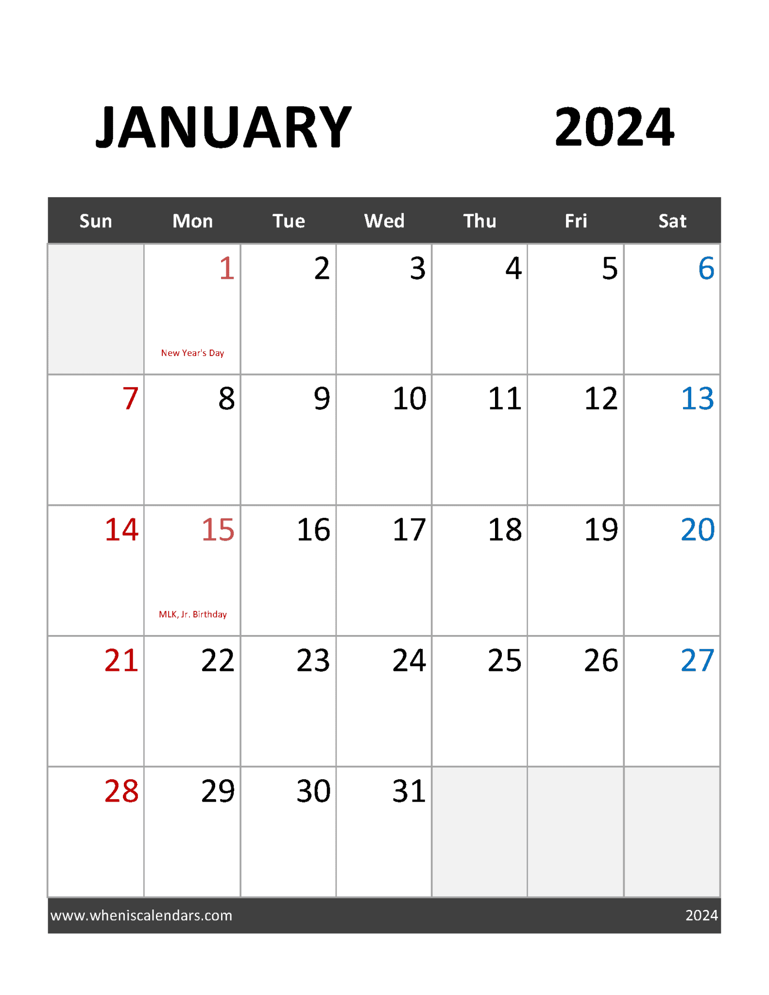 Free Printable 2024 Monthly Calendar