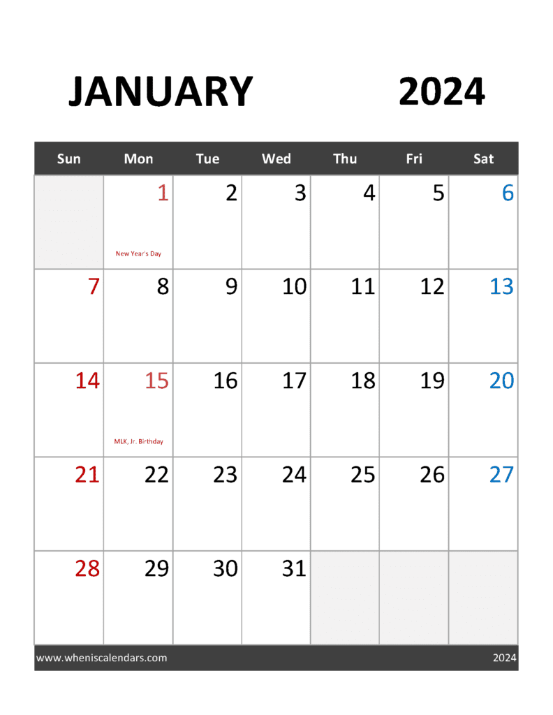 Printable 2024 Jan Calendar Monthly Calendar