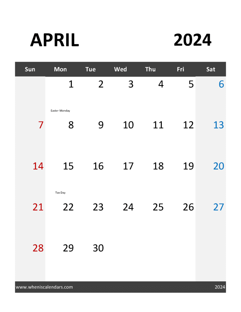April 2024 Monthly Printable Calendar A44375