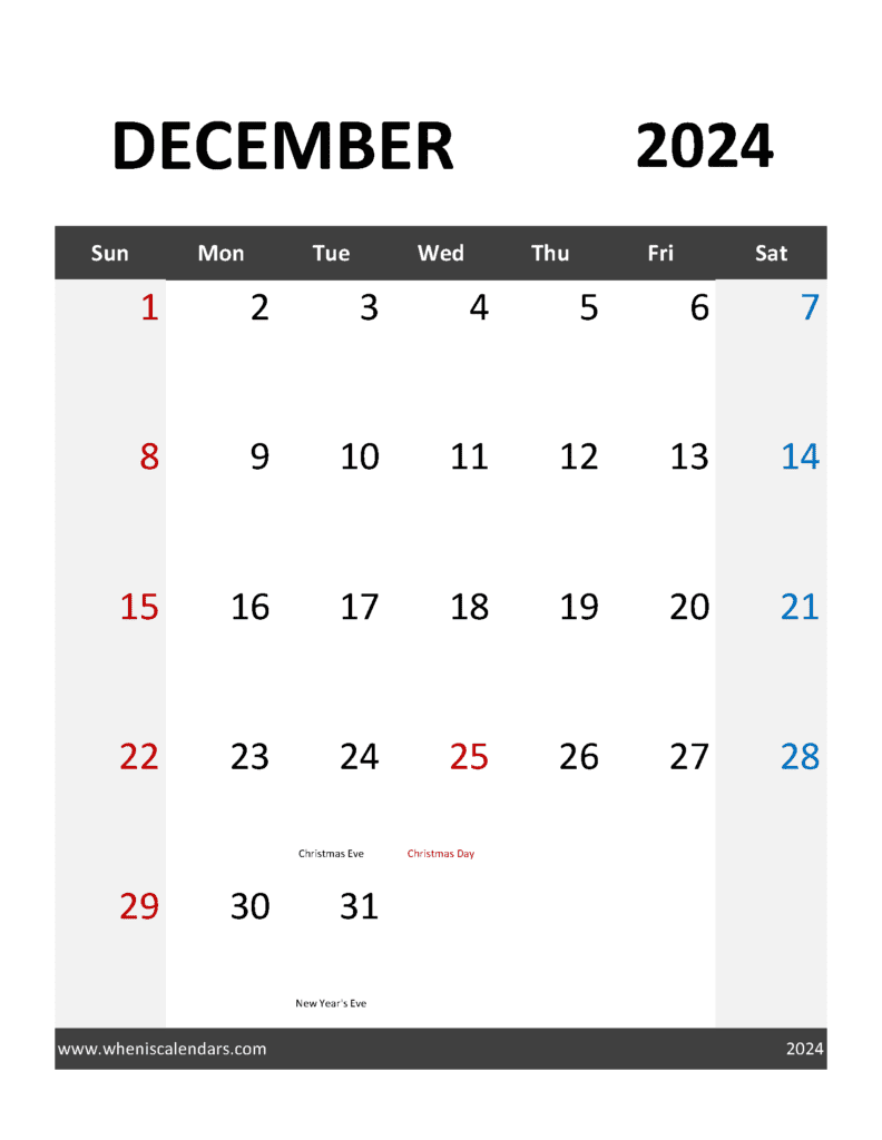 Printable Calendar Template December 2024 Monthly Calendar