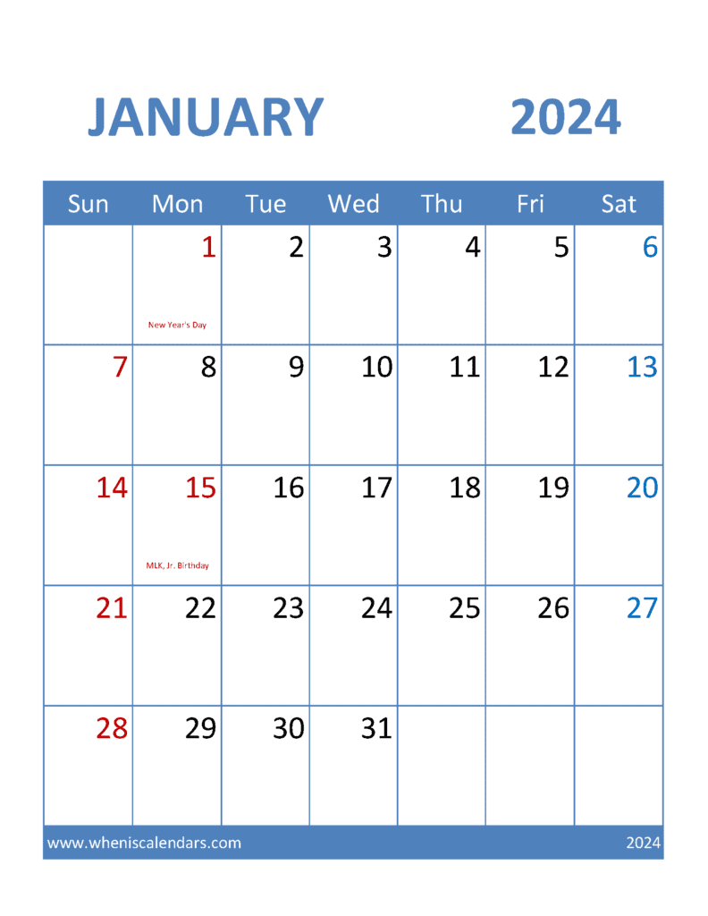 Free Printable 2024 January Calendar Monthly Calendar