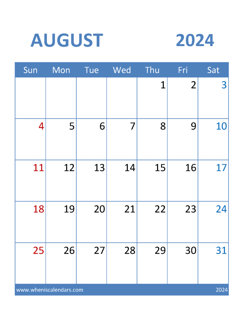Aug 2024 Calendar Printable Free Monthly Calendar