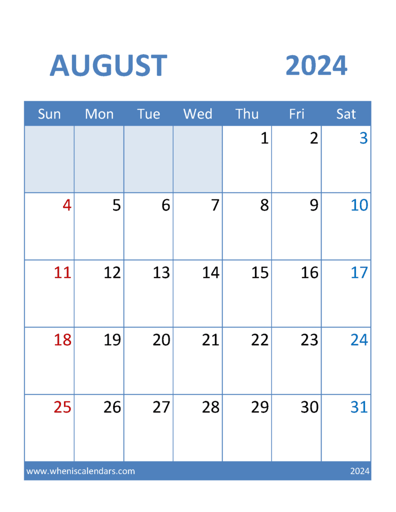 Calendar Printable August 2024 Monthly Calendar