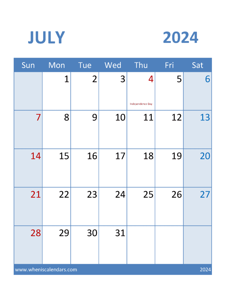 Calendar Template July 2024 editable J74379