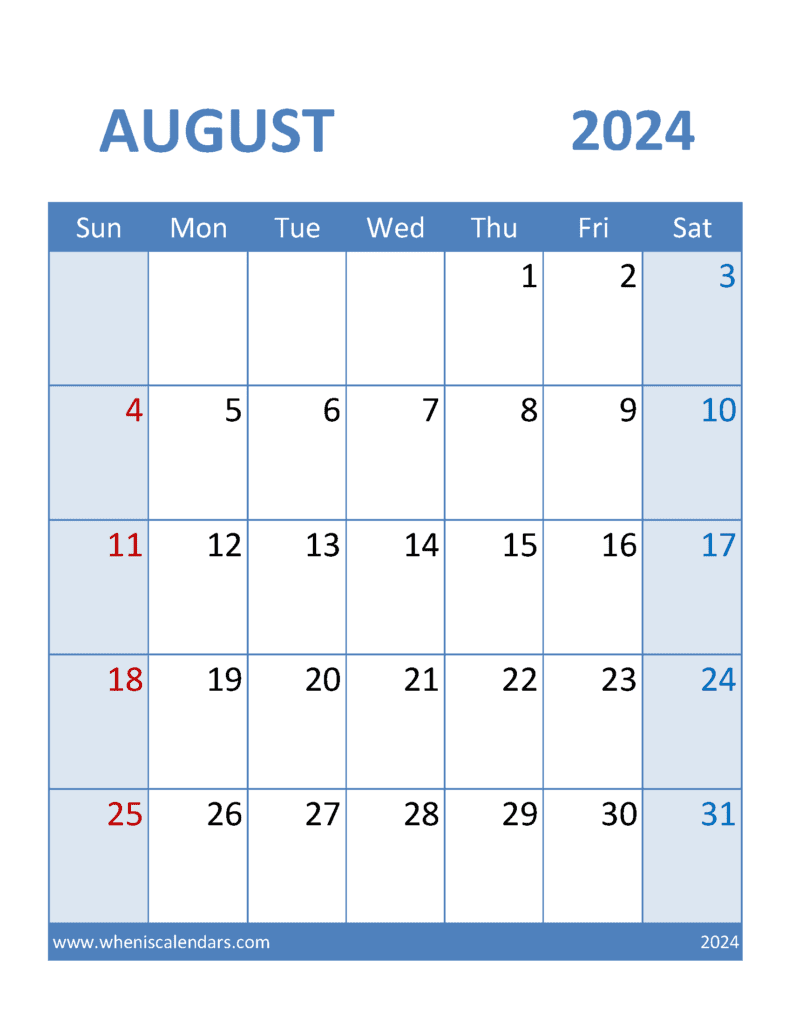 Calendar Template August 2024 editable A84379