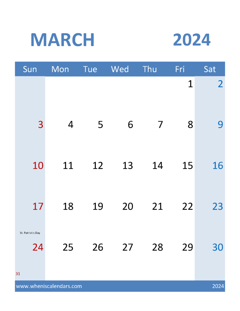 Free Printable 2024 March Calendar Monthly Calendar