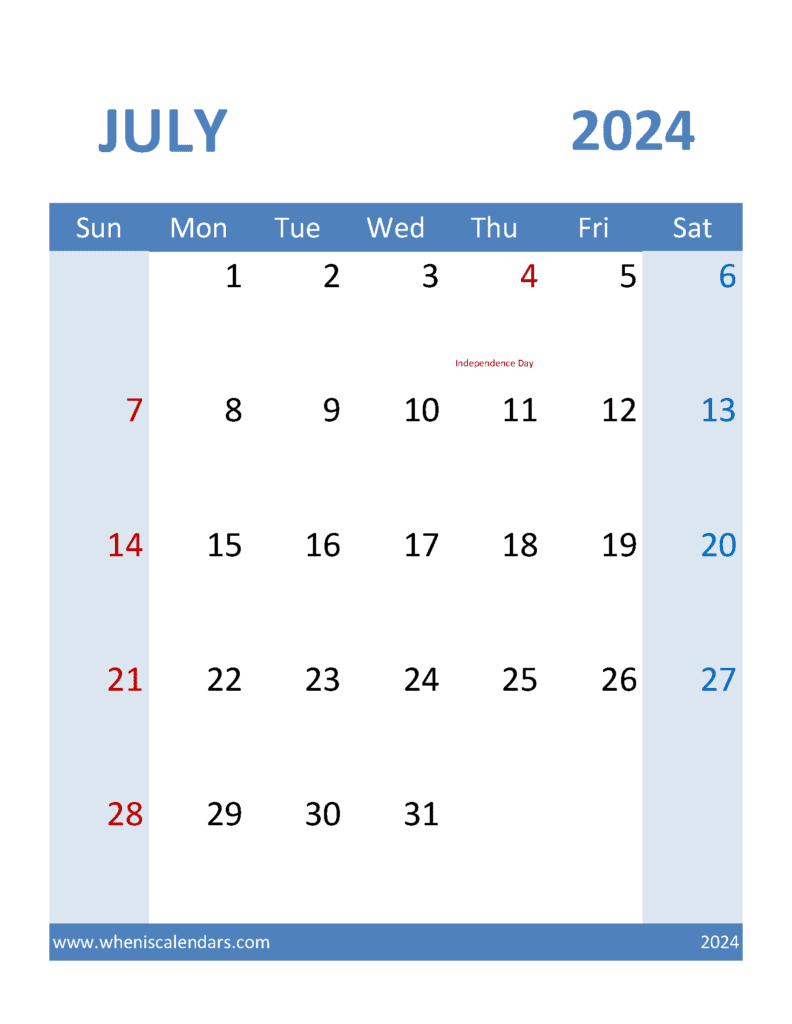 Calendar Free Printable July 2024 J74380