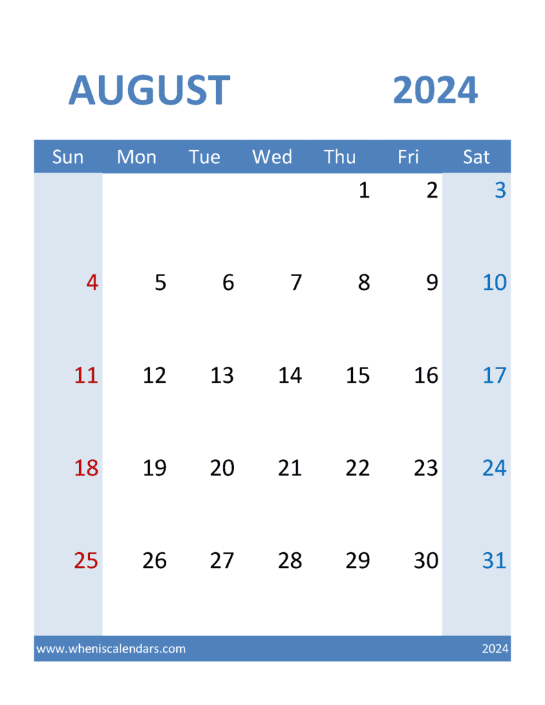 Calendar Free Printable August 2024 A84380