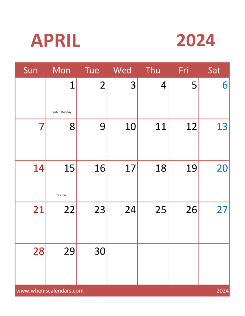 Apr 2024 Print Calendar Monthly Calendar