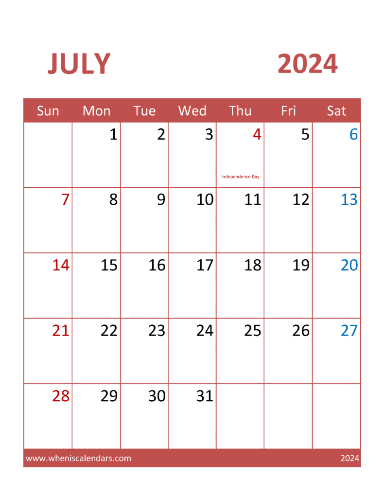 Free Printable Calendar pages July 2024 J74381