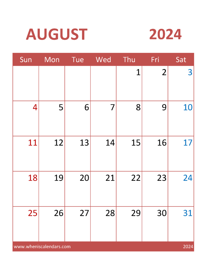 Free Printable Calendar pages August 2024 A84381