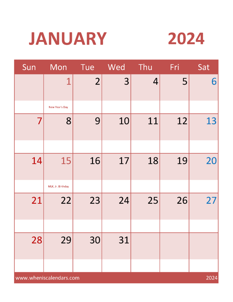 January Calendar 2024 Template Monthly Calendar