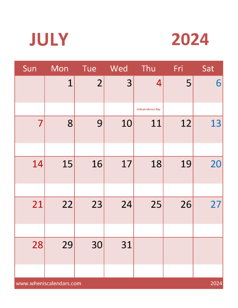 Printable Calendar Free July 2024 J74382