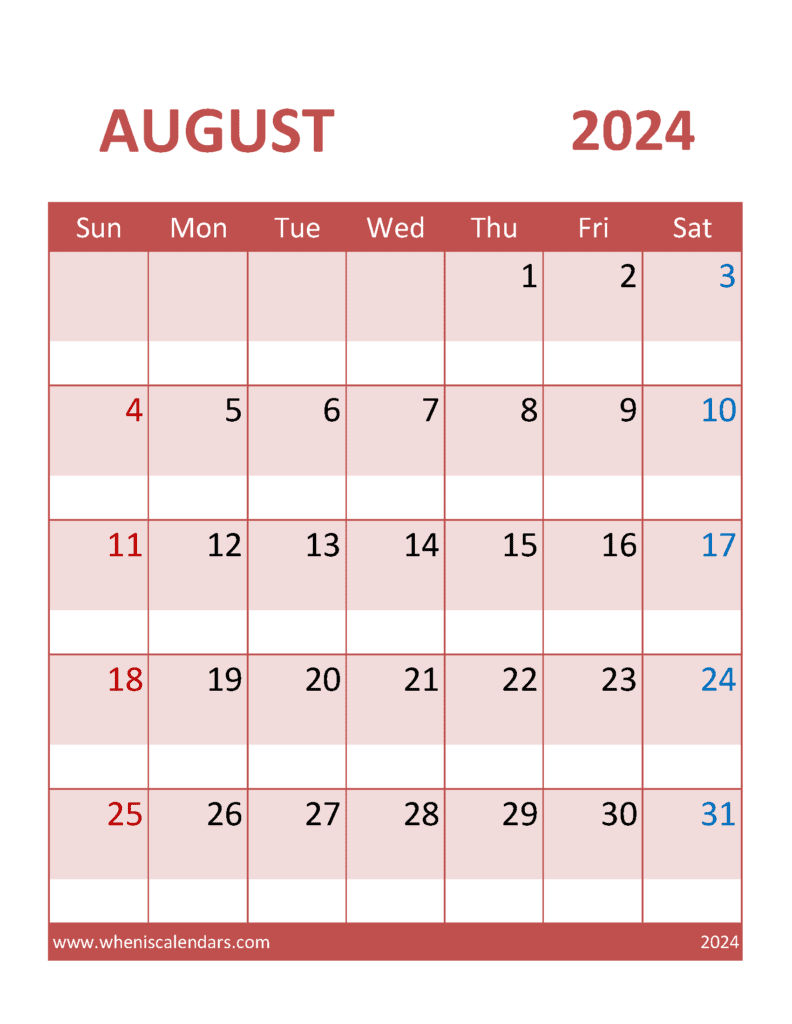 Printable Calendar Free August 2024 A84382