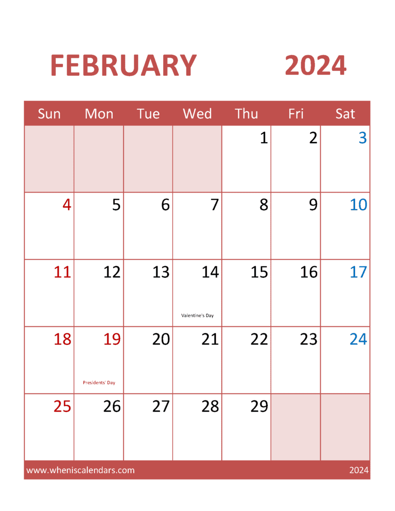 Free Calendar Template 2024 February F24383