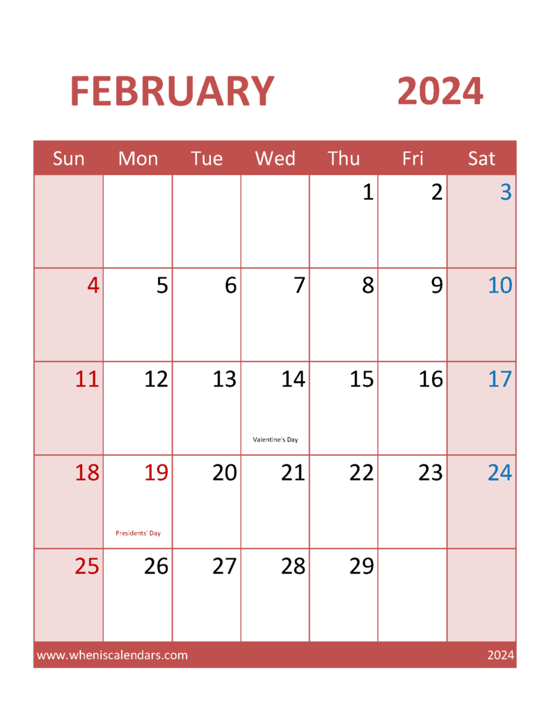 print Feb 2024 Calendar Monthly Calendar
