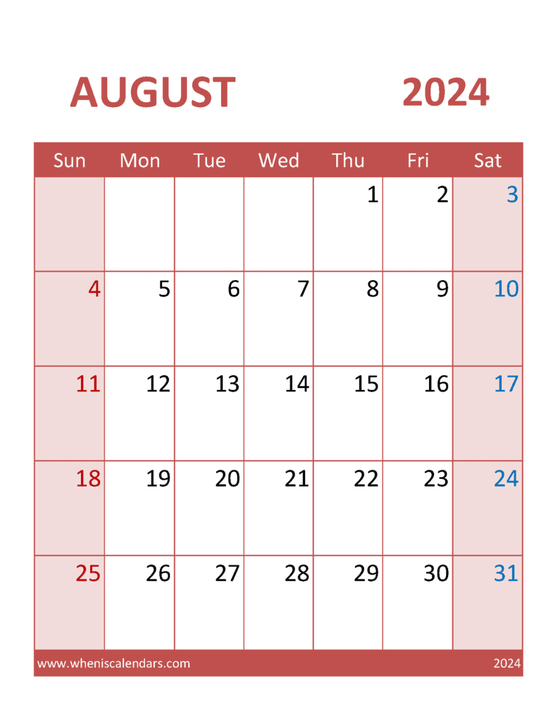 Print August Calendar 2024 Monthly Calendar
