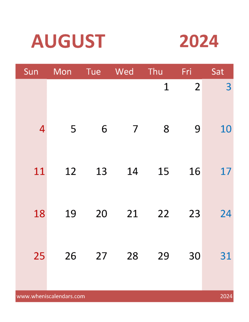 August 2024 Calendar Word Template Monthly Calendar
