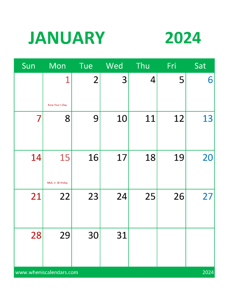 January 2024 Calendar Printable Cute J14106