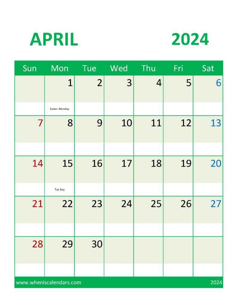 April 2024 Calendar Printable Free With Holidays A44387