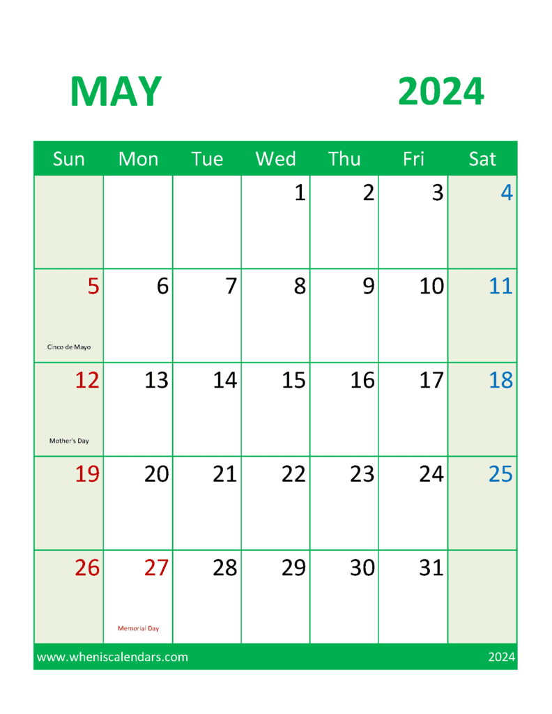 Printable Calendar May 2024 Free M54109