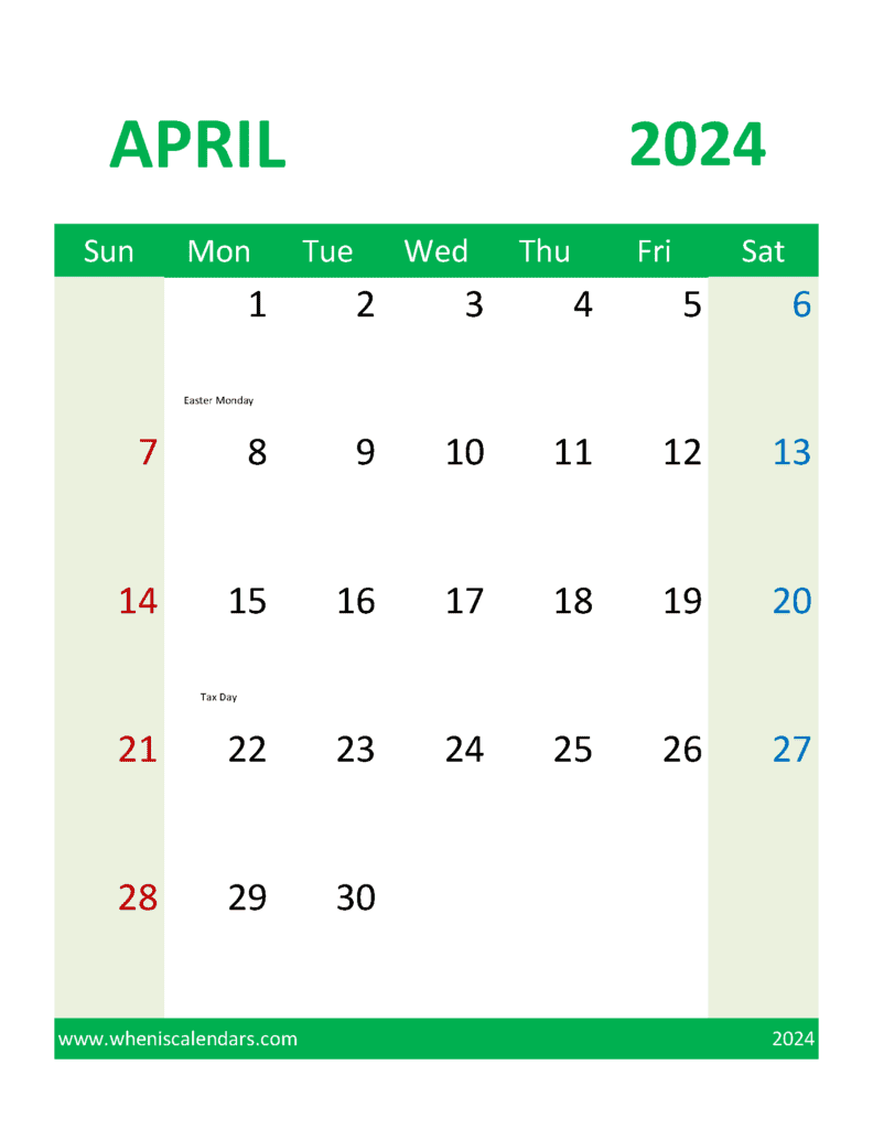 Blank Printable Calendar 2024 April A44390