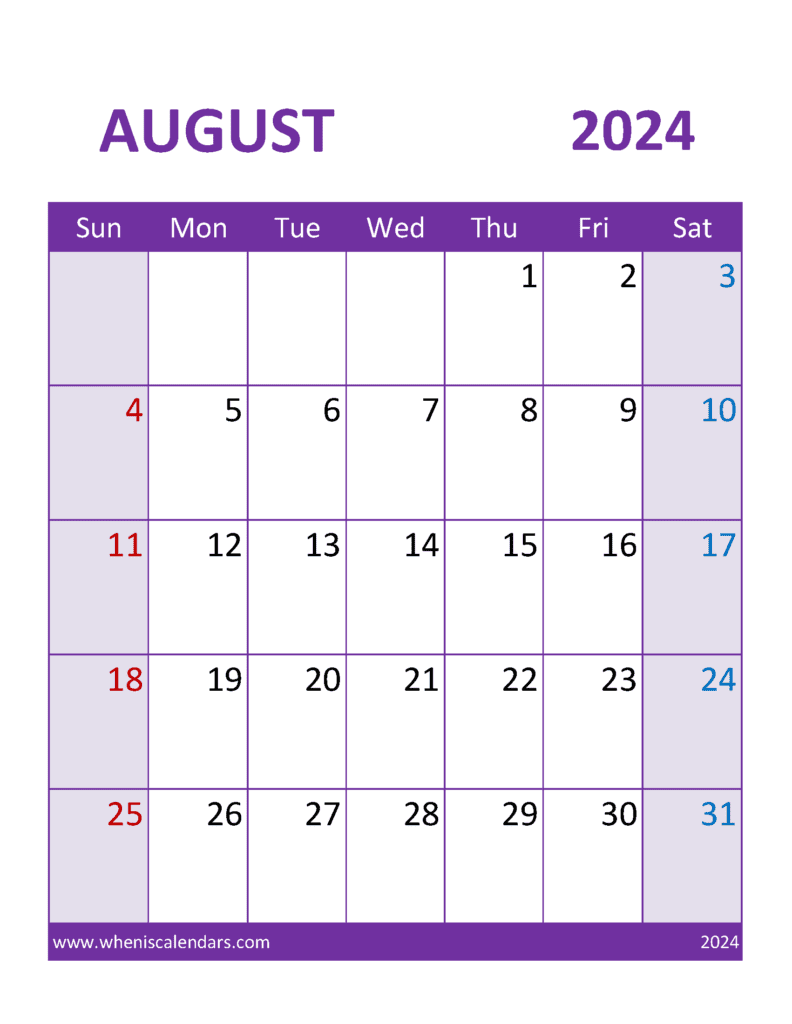 August 2024 Calendar Editable Word Monthly Calendar