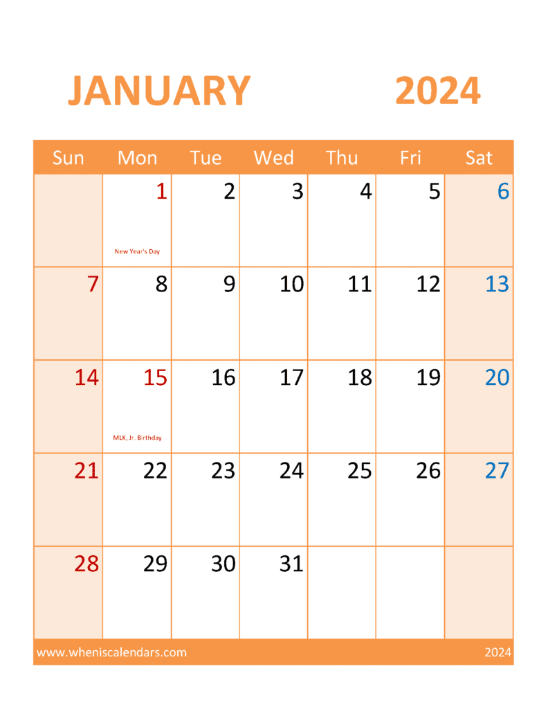 Free Printable January 2024 Calendar Page Monthly Calendar