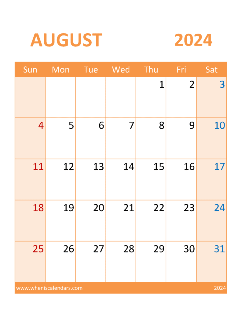 Calendar August 2024 Blank A84399