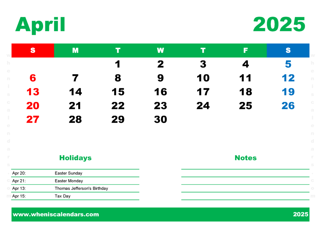 Free Printable April 2025 Calendar