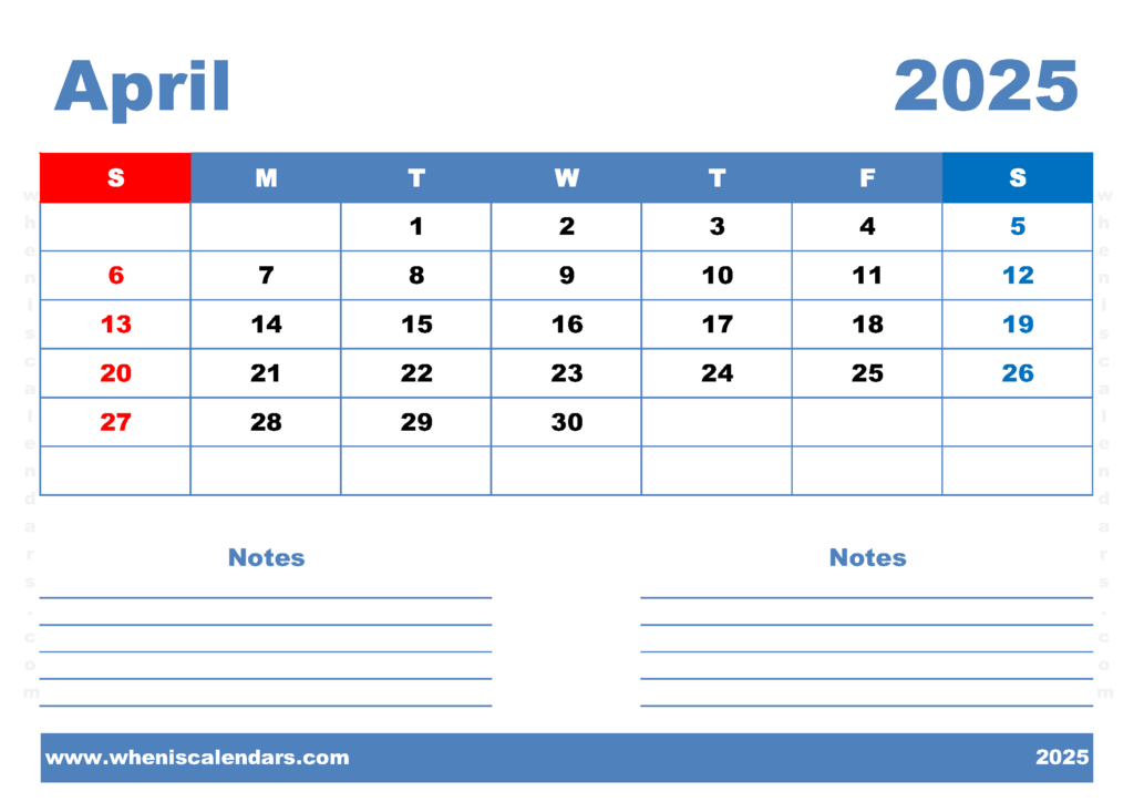 Free Printable April 2025 Calendar