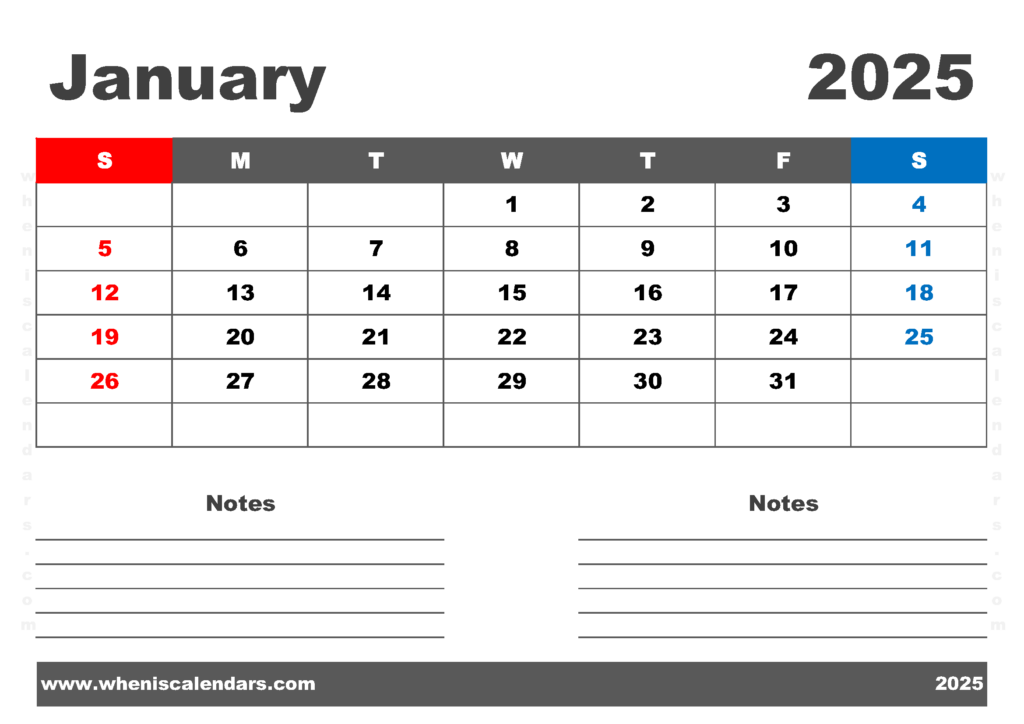 Free Printable January 2025 Calendar