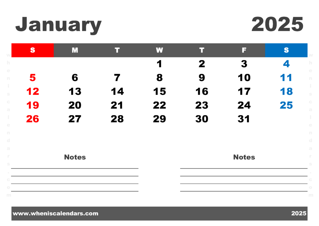 Free Printable January 2025 Calendar