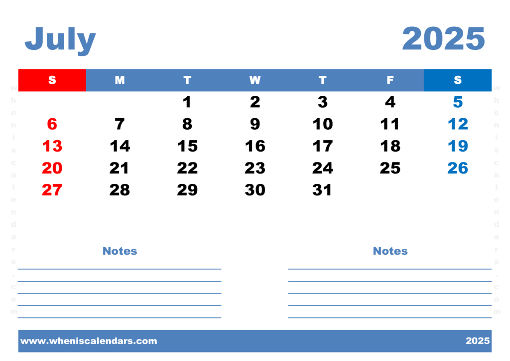 Free Printable July 2025 Calendar PDF