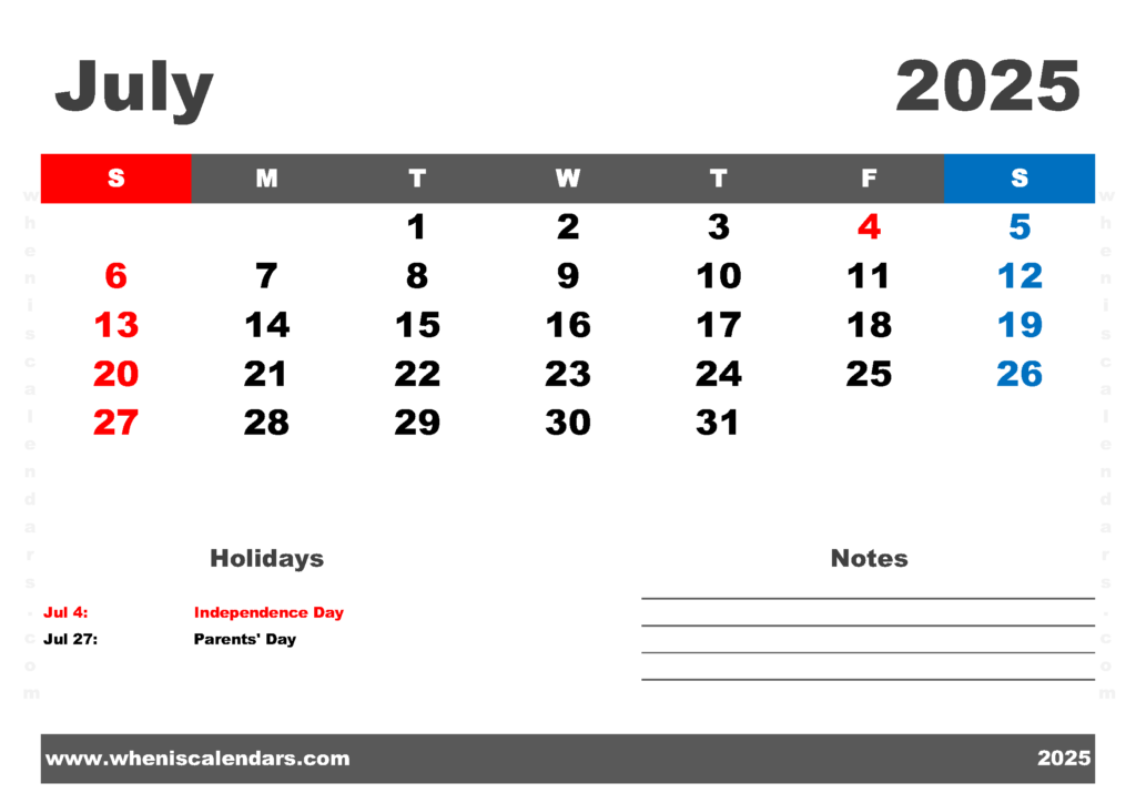 Free Printable July 2025 Calendar PDF