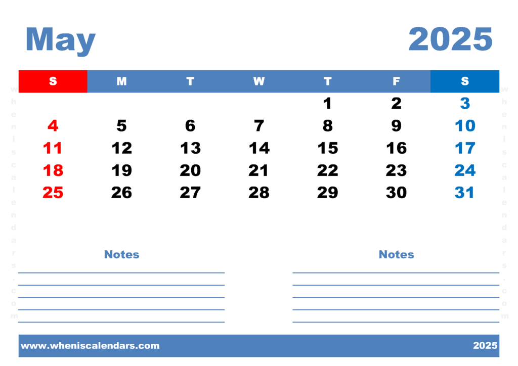 Free Printable May 2025 Calendar